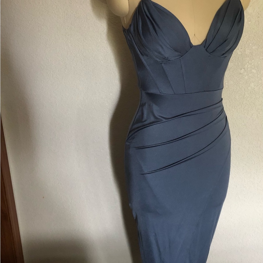 Windsor Slate Blue Ruched Midi Dress